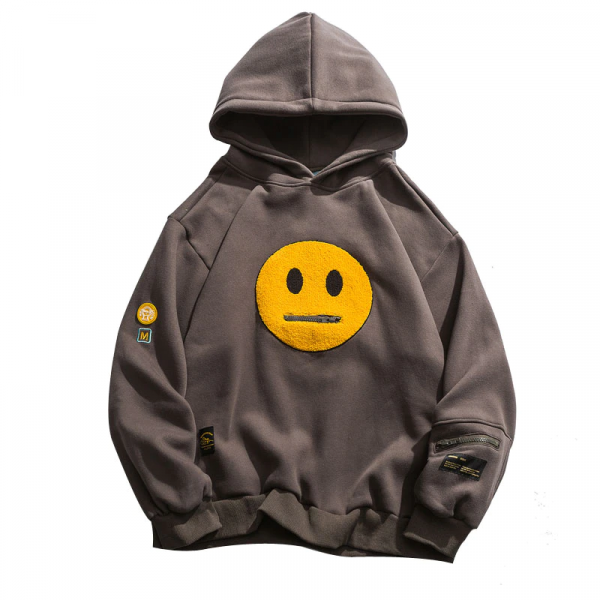 Zipper Pocket Smile Face Patchwork Fleece Hoodies Sweatshirts Streetwear Mens Hip Hop Casual Pullover Hooded Male Tops