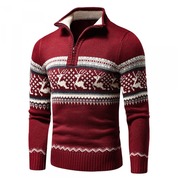 Autumn New Casual Jacquard Half Zip Polo Sweater Cardigan Jacket Men Winter Long Sleeve Mock Neck Sweater Pullover Men